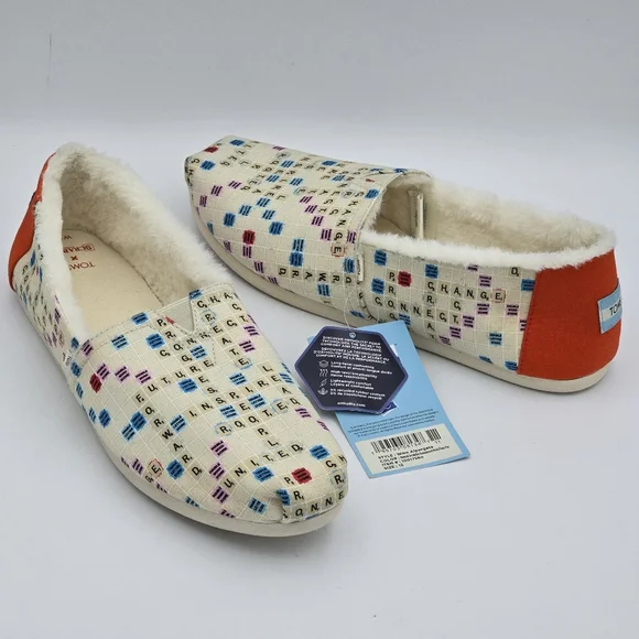 NWT TOMS Scrabble Gameboard Print Faux Fur Lined Alpargata Slip-ons, Women's 12 - Picture 1 of 16